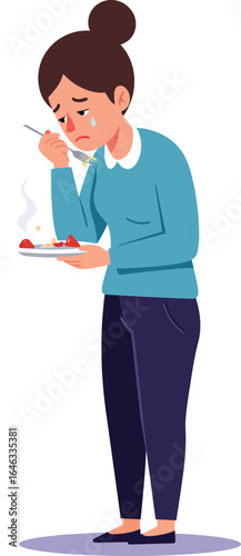 Sick woman holding thermometer and hot food feeling unwell and tired vector illustration
