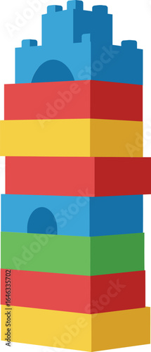 Colorful toy block tower construction with blue red yellow and green stackable pieces vector illustration