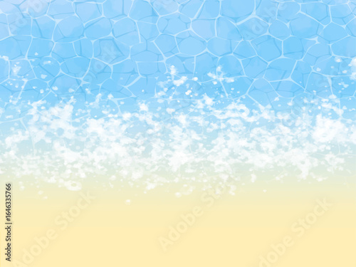 砂浜の波打ち際イメージの背景素材。手描きの水彩風テクスチャーとゆらゆらした透き通った水面の輝きのイメージ。爽やかな水色。波打ち際の泡立った様子。