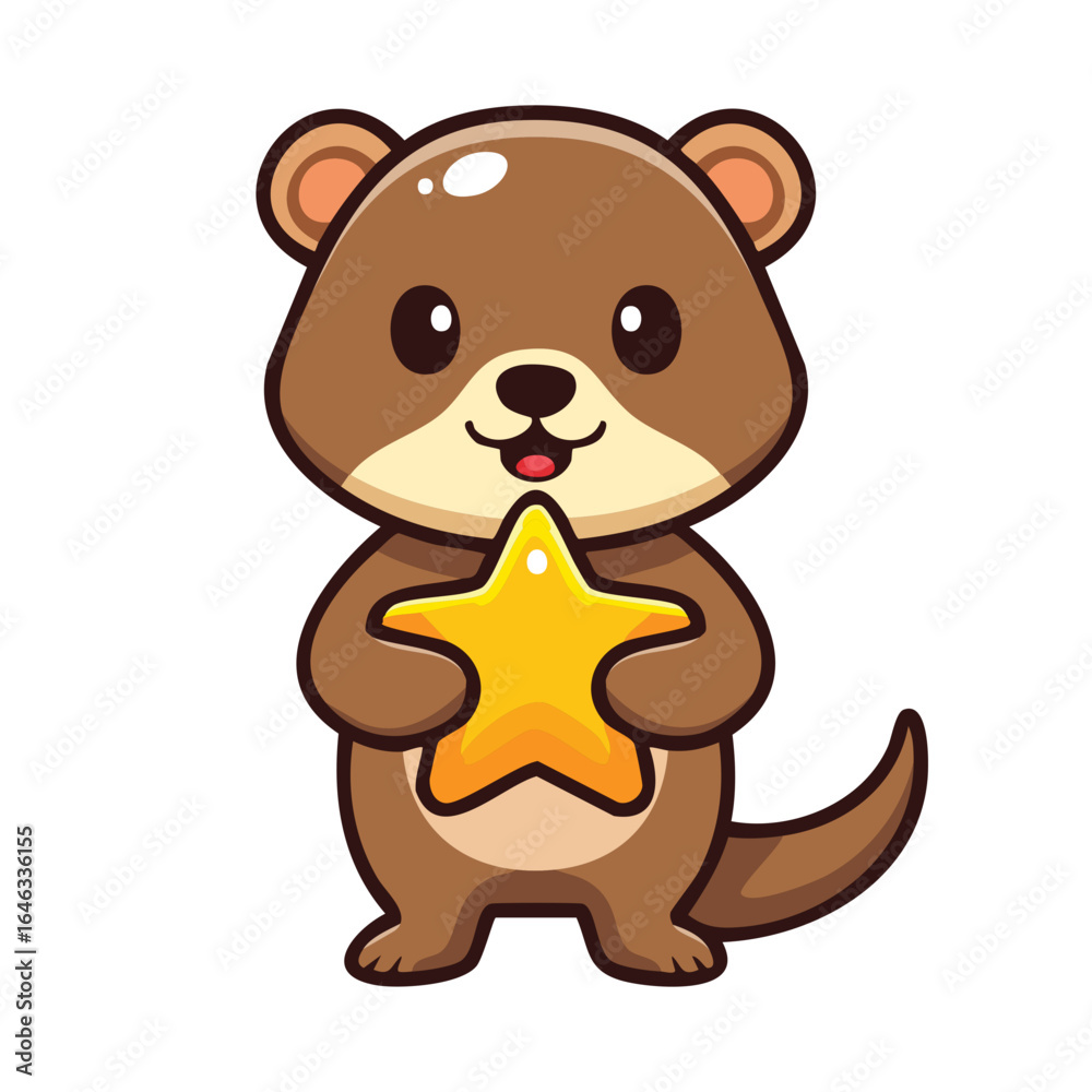Fototapeta premium A cute otter holding a golden star, isolated on a backdrop 