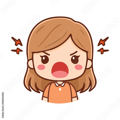 Cartoon angry woman in a orange shirt with radiating red sparks and a furious expression