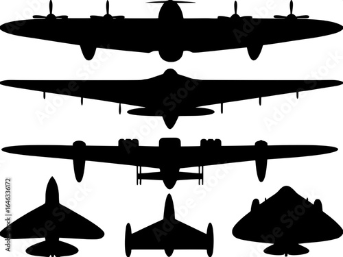 "Modern vector graphic showing a lineup of airplane silhouettes, from old biplanes to futuristic jets, black shapes on white canvas."