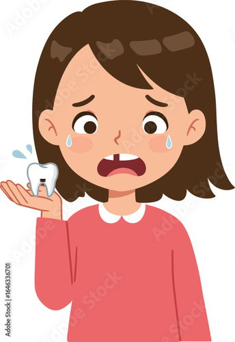 Sad girl holding painful tooth with tears worried about dental health vector illustration