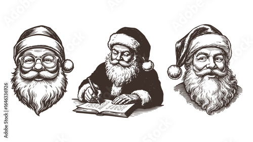 Santa Claus Head Portrait Face Merry Christmas Vintage Vector Print Set Santa's Letter