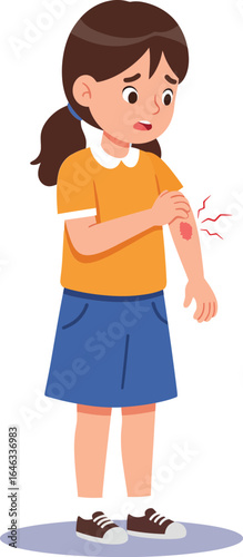 Girl with itchy arm scratching red rash wearing orange shirt and blue skirt vector illustration