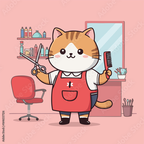 A cute cartoon cat hairdresser in a red apron holds scissors and a brush in a pink salon.