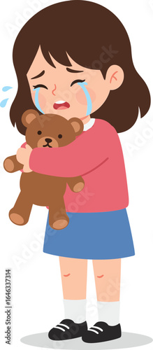 Crying girl hugging teddy bear vector with tears sadness and emotional expression in simple cartoon style