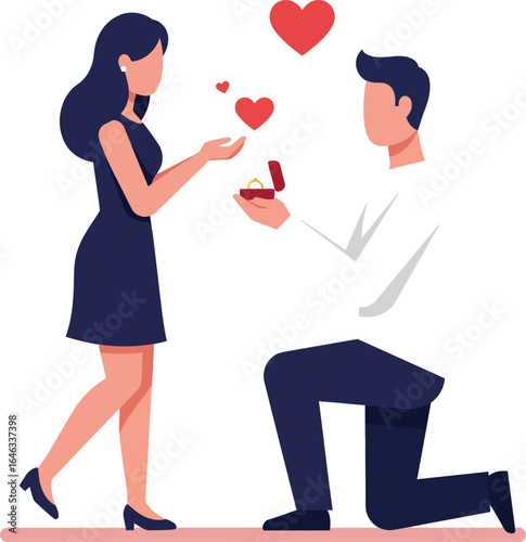 Romantic proposal scene with man kneeling and woman receiving ring surrounded by hearts vector illustration