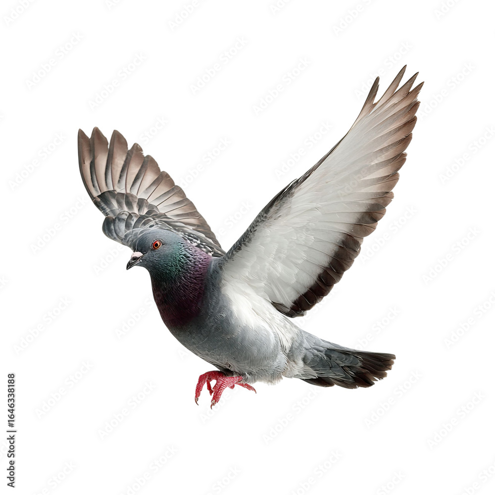 Obraz premium Png of A beautiful gray pigeon in mid-flight, showcasing its vibrant feathers and graceful wings against a striking background.