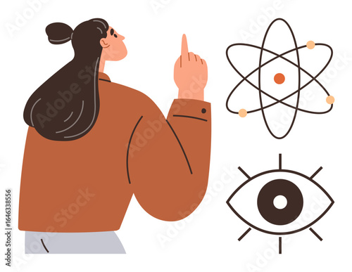 Woman gestures upward near atom and eye visuals, symbolizing curiosity, science, observation, and vision. Ideal for education, innovation, research exploration imagination analytics. A simple flat