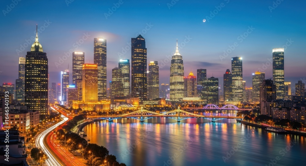 Fototapeta premium Bright Cityscape Skyline at Night with River Reflections and Blue Twilight Sky