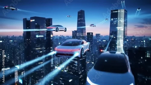 Futuristic city at night with flying cars