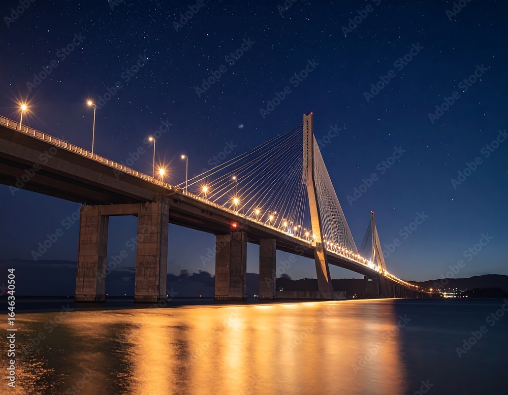 Obraz premium Nighttime view of a modern cable-stayed bridge over water, with stars