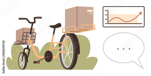 Cargo tricycle carrying boxes, a growth chart suggesting improvement or progress, and empty speech bubble. Ideal for delivery, logistics, communication, progress, urban mobility, eco-friendly