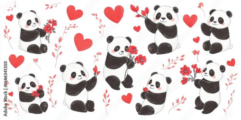 Naklejka premium Cute Panda Bears Holding Flowers and Hearts Pattern on White