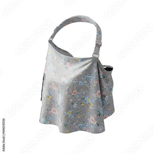 A stylish grey nursing cover with a delicate pastel floral pattern and an adjustable neck strap for privacy.
