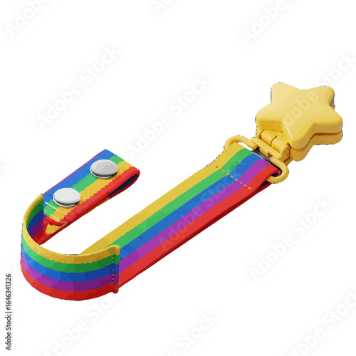 Vibrant rainbow striped fabric strap featuring a yellow starshaped clip and dual snap fasteners.