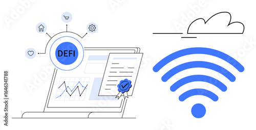Laptop with decentralized finance hub, charts, certified document, and icons representing services. Nearby cloud with wireless signal. Ideal for finance, connectivity, blockchain, technology