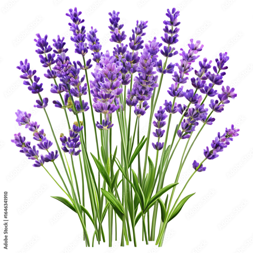 Naklejka premium Dense Bunch of Purple Lavender Flowers with Green Stems and Leaves on Transparent Background floral plant isolated on a transparent background