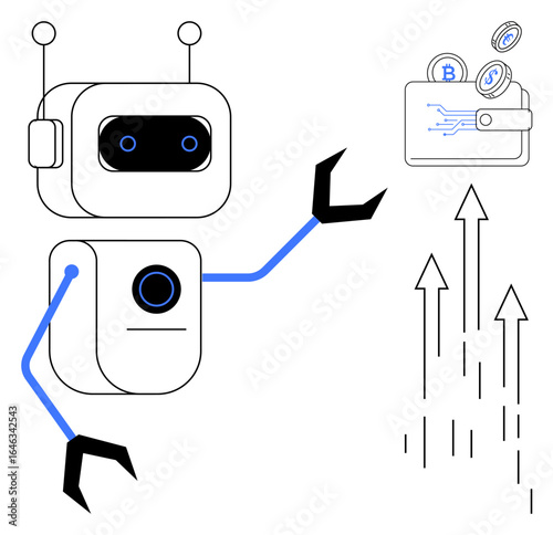 Robot interacting with digital wallet containing cryptocurrency coins. Arrows represent financial growth, technology, and innovation. Ideal for finance, fintech, AI, cryptocurrency, investment