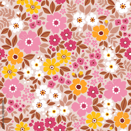 Seamless floral pattern, liberty ditsy print with cute summer meadow flowers. Pretty botanical design for textile, paper. Small hand drawn flowers, tiny leaves on a beige background. Stock vector 
