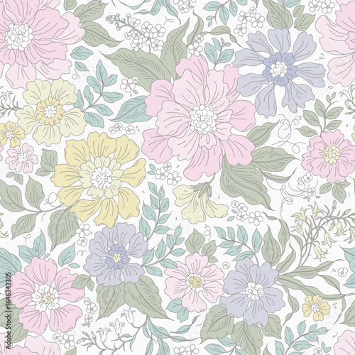 Wallpaper Mural Beautiful floral pattern in small vintage flowers. Small pink, lilac and yellow flowers. White background. Hand drawn cute ditsy print. Floral seamless background. Liberty template for fashion prints
 Torontodigital.ca