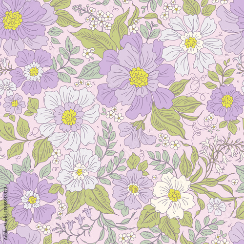 Vector romantic liberty floral seamless pattern. Flowers field floral pattern in soft and natural colors lilac and white. Beautiful digital textile seamless floral, rose pink background. Stock print
