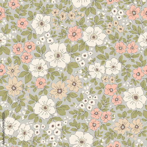 Vintage seamless floral pattern. Liberty style background of small pastel colorful flowers. Small flowers scattered over a retro khaki background. Stock vector for printing on surfaces. Ditsy flowers.