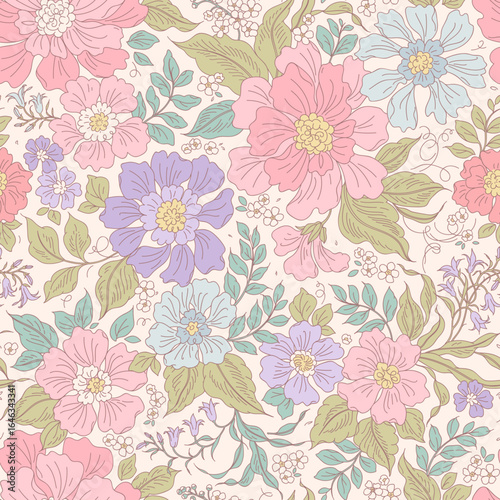 Cute floral pattern. Retro flowers on ivory background. Printing with small pastel flowers. Ditsy print. Seamless vector texture. Spring bouquet. Vintage template for fashion prints. Stock vector 
