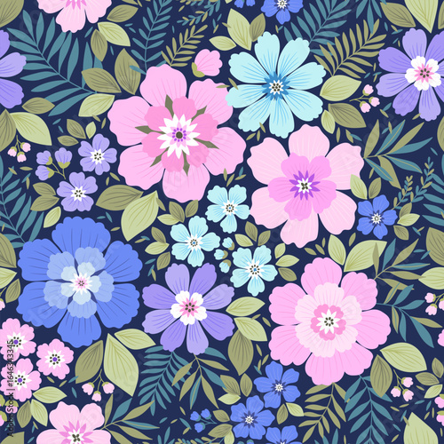 Vector romantic liberty floral seamless pattern. Flowers field floral pattern in soft and natural colors blue, pink, lilac. Beautiful digital textile seamless floral, dark blue background. Stock print