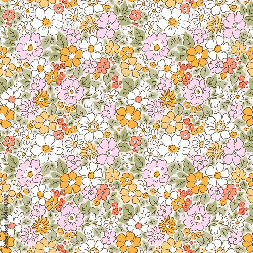 Beautiful floral pattern in small flowers. Small pastel pink, yellow and white flowers. White cream background. Ditsy print. Floral seamless background. Liberty template for fashion prints. Stock 
