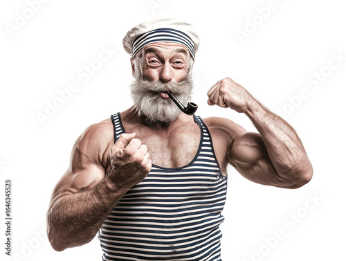 Strong old beardy sailor man showing his muscles and posing with pipe isolated on white background