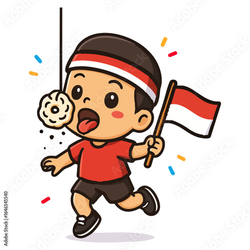 Boy holding indonesias flag trying to eat krupuk.