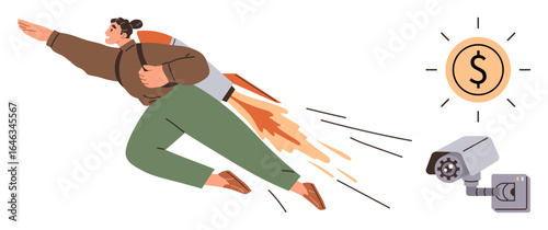 Person using jetpack flying dynamically towards dollar coin symbolizing financial goals, while observed by a security camera. Ideal for innovation, ambition, financial growth, technology, motivation