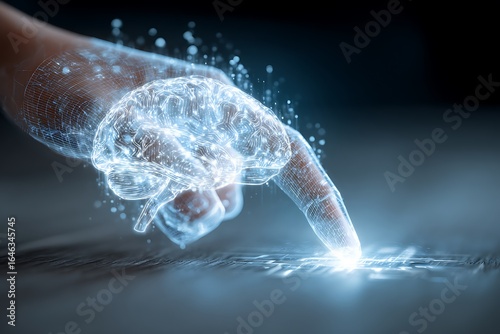 Unlock revolutionary insights by touching the future of artificial intelligence and neural network technology with a glowing digital brain interface