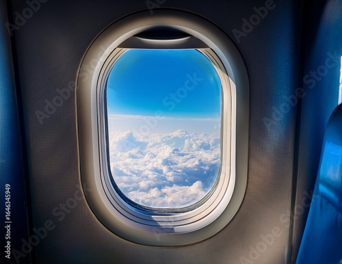 View from Airplane Window with Clouds and Blue Sky