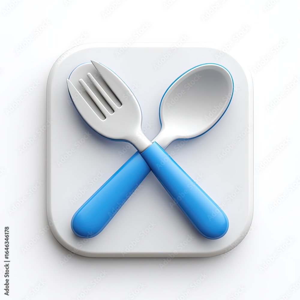 Fototapeta premium Square icon, white background, crossed fork and spoon, blue handles