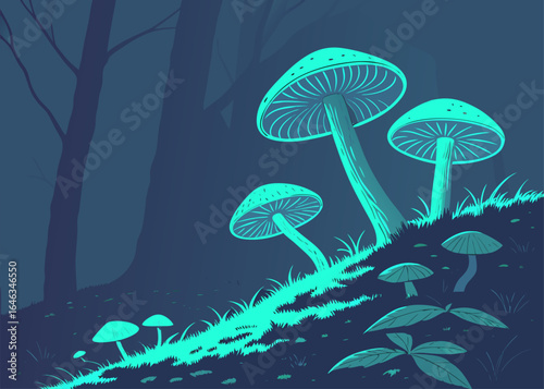 Enchanting Forest: Mystical mushrooms with luminous caps cast an ethereal glow across a serene forest landscape. An immersive display of nature's whimsical charm.