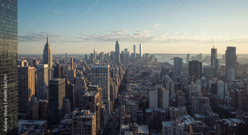 Obraz premium New York City skyline at sunset with Empire State Building and One World Trade Center