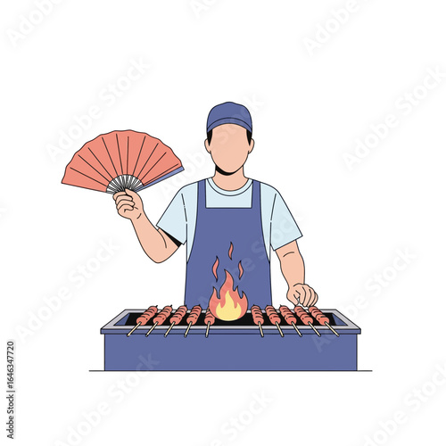 A man wearing an apron and cap fans himself while cooking meat skewers on a barbecue grill with flames.