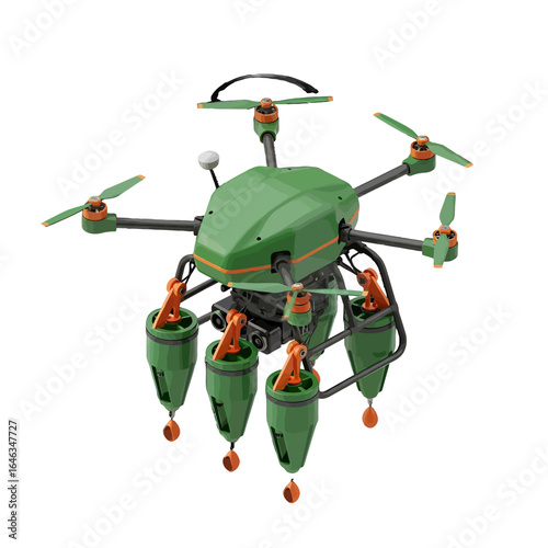 Advanced green and orange hexacopter drone with a specialized payload of four dispensing pods.