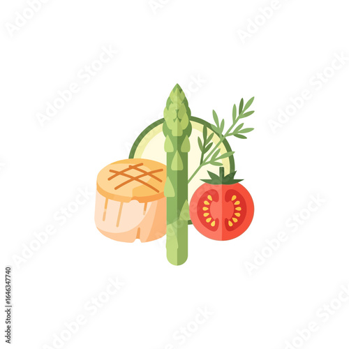 Delicious scallop with fresh asparagus and juicy tomato, a culinary delight for healthy eating and gourmet cuisine enthusiasts, perfect for food blogs and restaurant menus