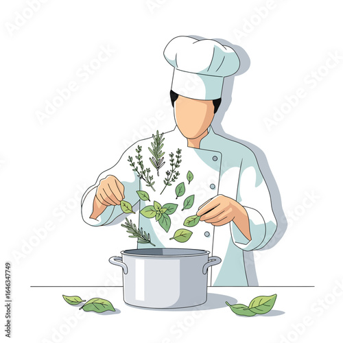 Chef preparing a delicious gourmet dish with fresh aromatic herbs, adding basil and rosemary to a steaming pot for a flavorful culinary creation, a true taste experience
