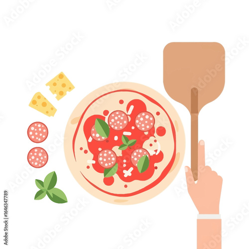 Craving homemade pizza? Freshly baked pizza with pepperoni, basil, and cheese, ready to be served with a wooden spatula, perfect for family dinners or a fun cooking project