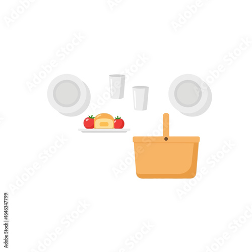 Charming picnic scene with basket, plates, glasses, tomatoes and bread, perfect for summer outings, idyllic gatherings, and delightful culinary adventures, a vector-based design