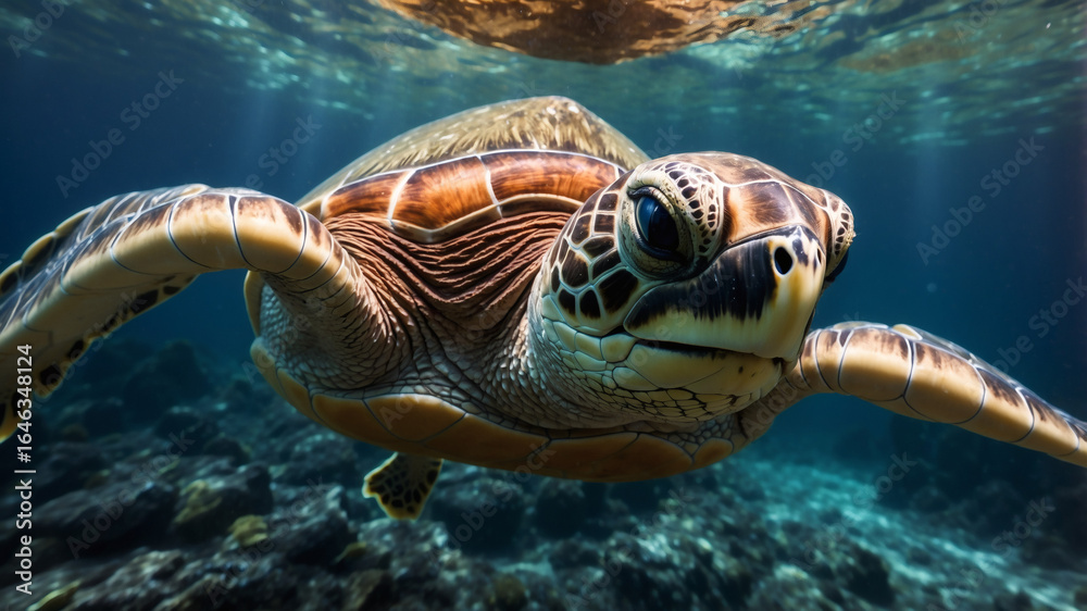 Fototapeta premium Sea Turtle Swimming Through Ocean Pollution, Endangered Marine Life