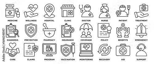 Healthcare Contains medicine, wellness, hospital, clinic, doctor, nurse, patient, treatment, diagnosis, therapy outline icons, which are easy to edit.