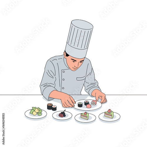 Dedicated chef meticulously arranging delectable appetizers, embodying culinary artistry and precision, perfect for restaurant promotions, food blogs, and cooking tutorials