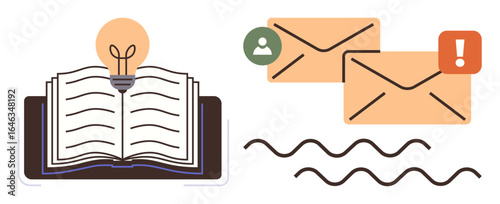 Open book with glowing lightbulb symbolizing ideas, paired with envelopes denoting communication, notifications, and exchange. Ideal for education, learning, ideas, innovation, messaging networking