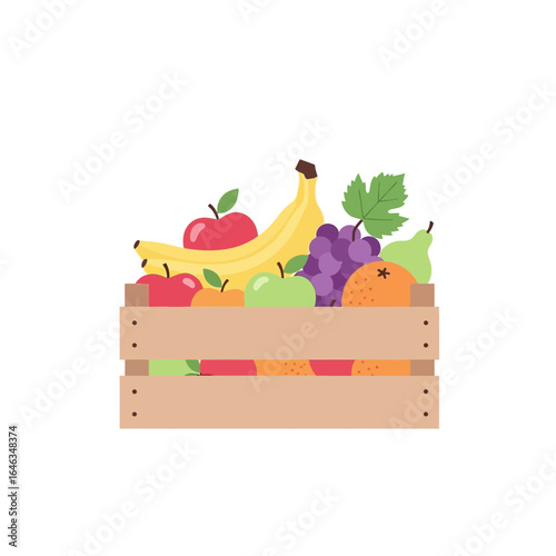 Freshly picked fruits in a wooden crate, a colorful bounty of apples, bananas, grapes, oranges, and pears, showcasing nature's deliciousness for healthy eating and vibrant living